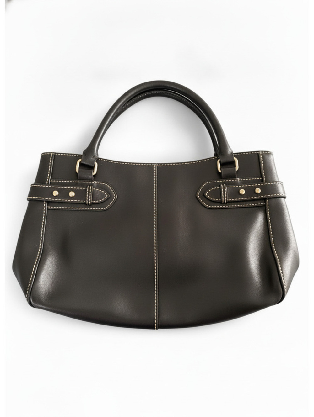 Etienne Aigner Black Leather Handbag with White Stitching - Designer Luxury Bag